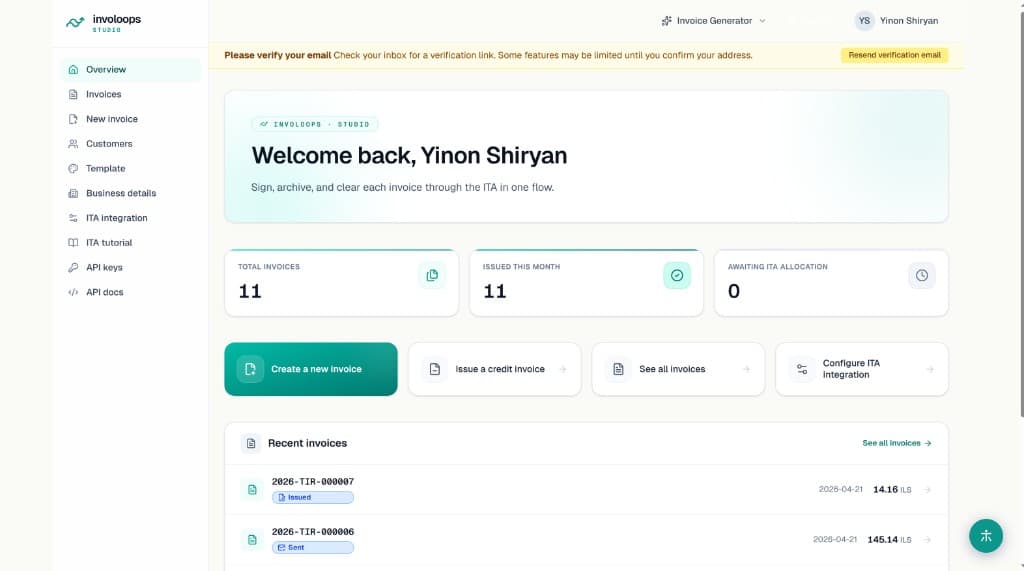 InvoLoops Studio dashboard — issue invoices, manage customers, track revenue.